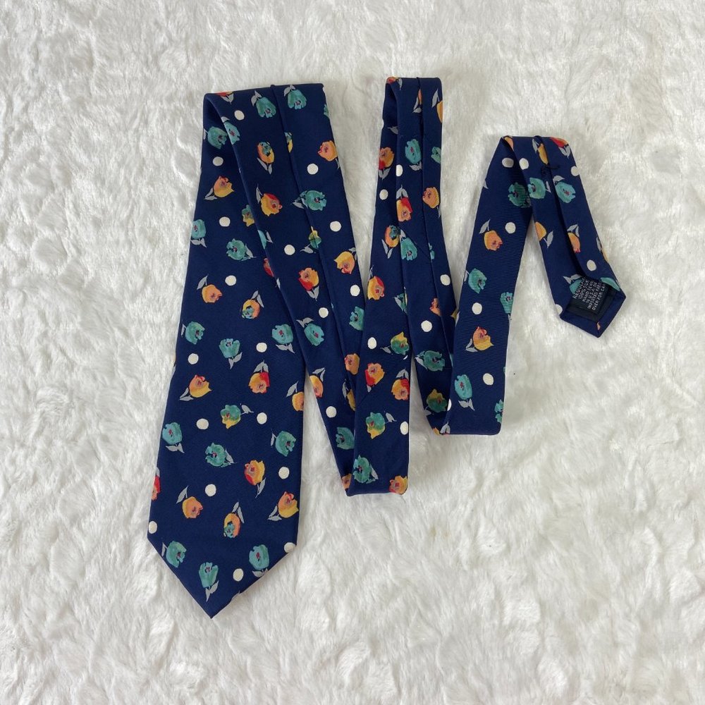 Vintage Lands End Hand Sewn Silk Tie All over Flower Tulip Rose Print